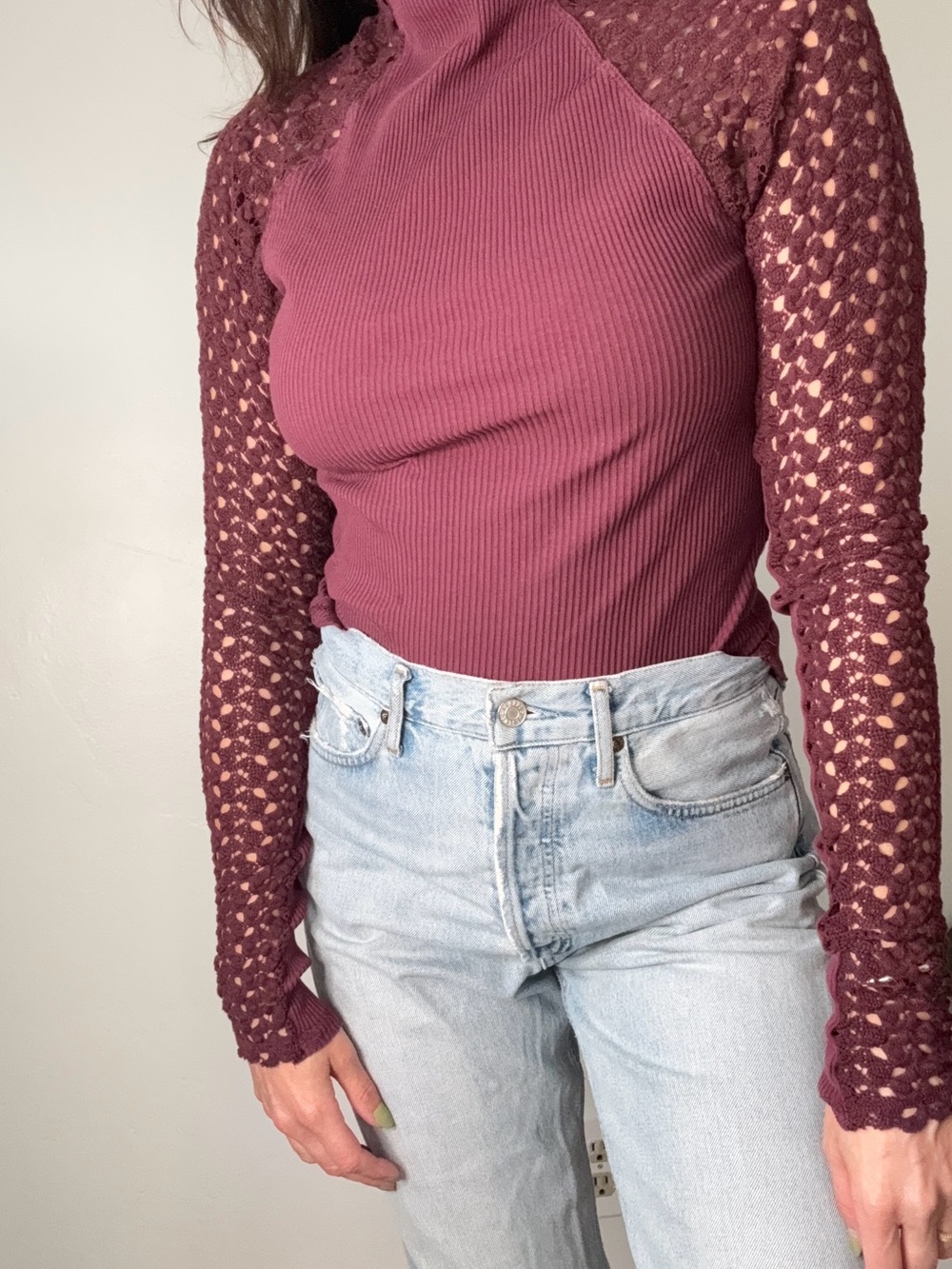 Free People Ribbed Mock Neck Top with Crochet Long Sleeves - Dusty Rose